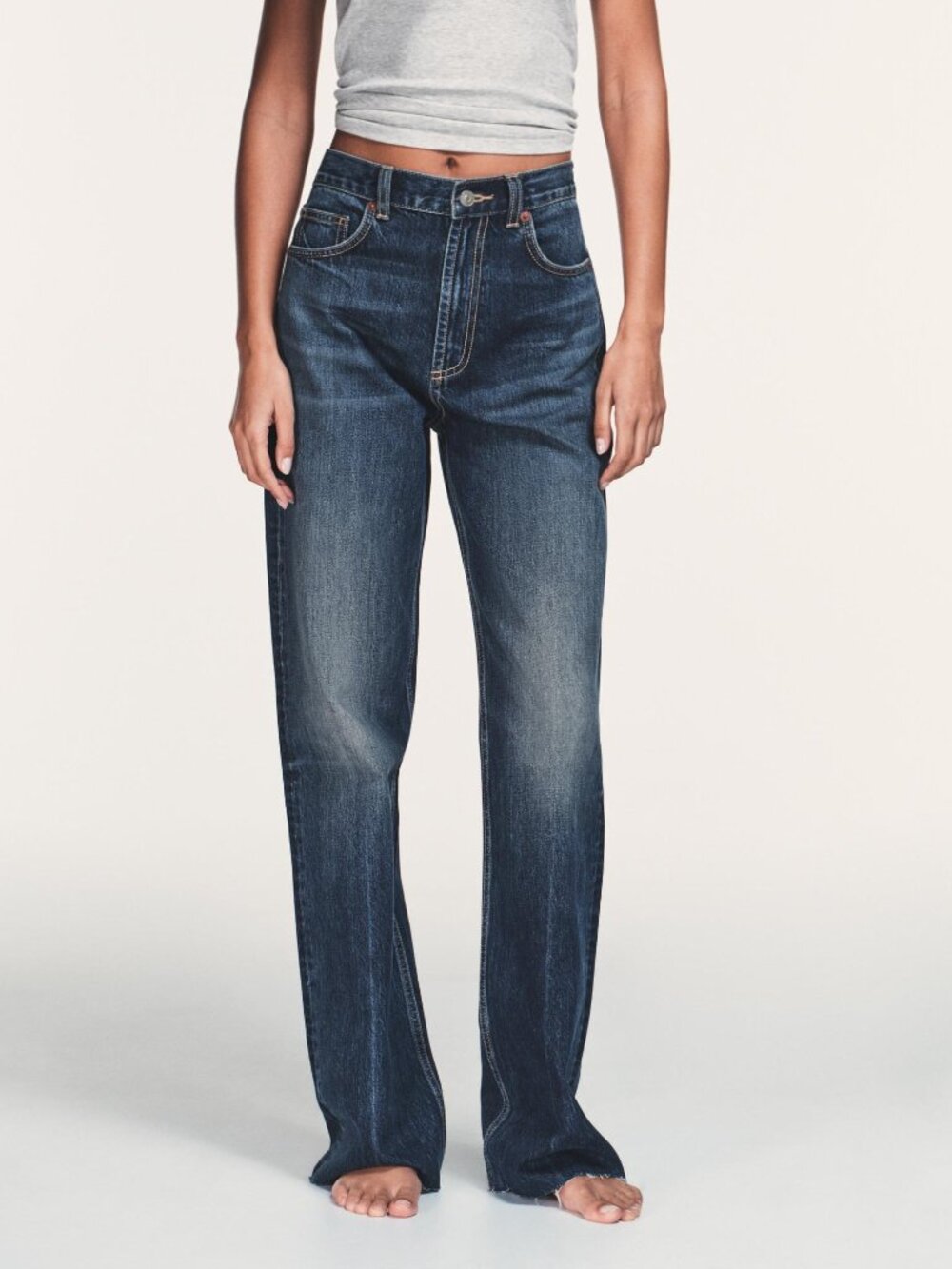 ZARA Dark Vintage Wash High Rise Wide Leg Full Length Raw Hem Jeans, Size 4